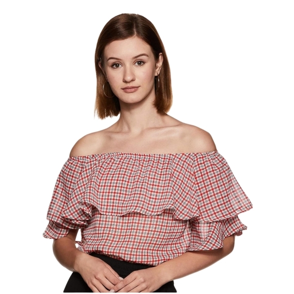 Lee Cooper Gingham Ruffled Off The Shoulder Semi Sheer Top Size Large - Picture 1 of 6